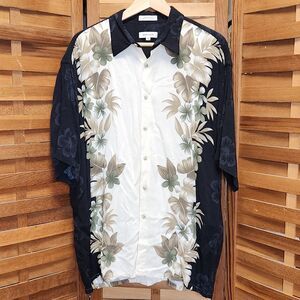 Pierre Cardin Black Cream Floral Button-up Shirt Men XL Short Sleeve Rayon
